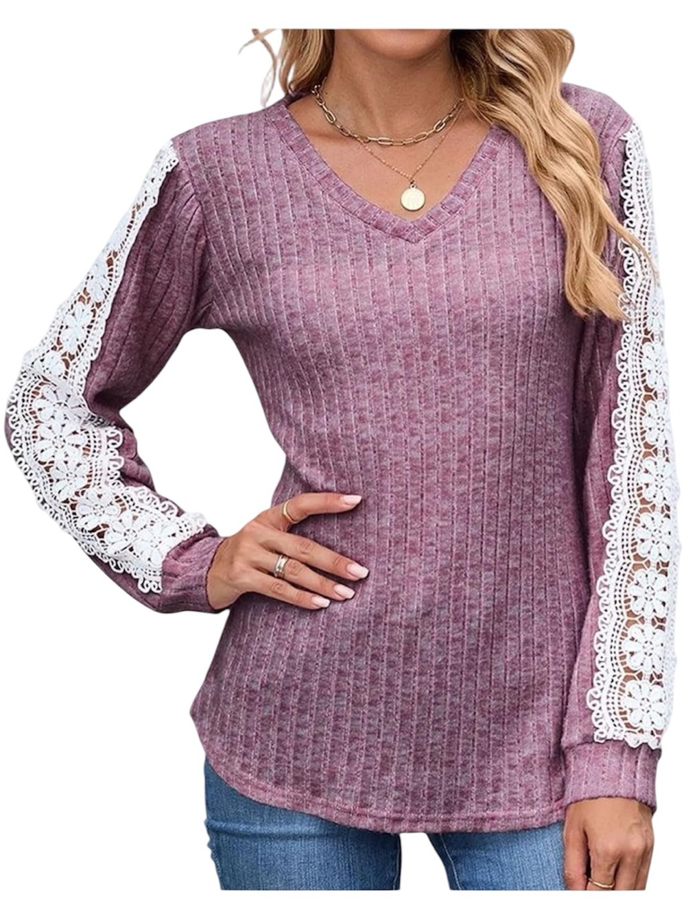 UVN Mauve Ribbed V-Neck Top with Lace-Cutout Long Sleeves Size L